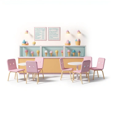 An inviting ice cream parlor featuring a variety of colorful cones displayed in a glass case. The interior has pied-patterned chairs arranged around small tables. Brightly colored ice cream flavors are visible in the case, each cone topped with generous scoops. Soft, warm lighting illuminates the space, creating a cozy atmosphere. A menu board can be seen on the wall, listing various flavors and toppings available for customers.
