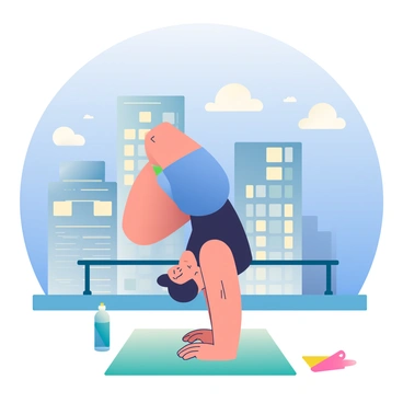 A calisthenics enthusiast with a muscular build is performing a handstand on a rooftop. The individual has short black hair and is wearing a sleeveless black tank top and blue shorts. The cityscape in the background features tall skyscrapers with glass windows reflecting the sunlight. A clear blue sky is overhead, with a few fluffy white clouds scattered about. There is a safety mat on the rooftop beneath the person to cushion their landing. To the side, a water bottle and a small towel are resting on the floor, indicating an active workout session.