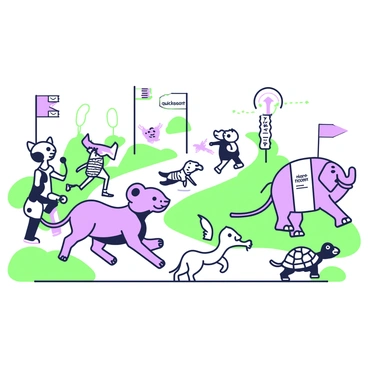 A lively scene depicts a race between various animals, each labeled with a sorting algorithm name. At the forefront, a swift-looking cheetah is marked with the name "quicksort" on its side, positioned in a dynamic running pose. Next to it, a strong elephant labeled "mergesort" is charging ahead with determination. Meanwhile, a clever fox, marked with "heapsort," navigates through the terrain deftly. In the background, a turtle labeled "bubblesort" moves steadily, showcasing a contrasting pace. The racecourse is marked with flags and has a clear path winding through a park-like setting. Spectators, including cartoonish animals cheering, line the sides of the raceway, adding to the excitement of the competition.
