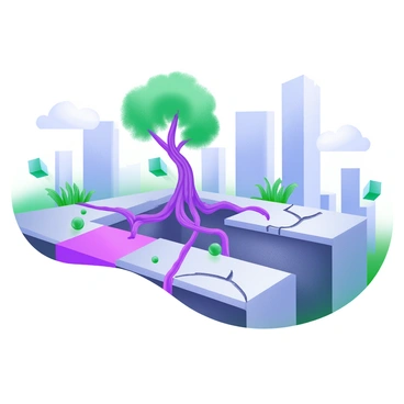 A modern pastel illustration depicting tree roots visibly breaking through city pavement, with cracked concrete and displaced asphalt. The roots are thick and gnarled, intertwining as they push up through the surface. Surrounding the area are small tufts of green grass peeking through the cracks, adding a touch of nature to the urban setting. In the background, tall city buildings rise, emphasizing the contrast between the natural elements and the man-made environment. The sky is a soft pastel blue, enhancing the overall composition of the scene.