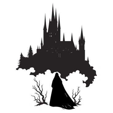 A dark silhouette of a character stands prominently in front of a tall, ominous castle. The castle features tall spires and detailed stonework that loom above the surrounding landscape. The character is dressed in a long cloak that billows slightly in the breeze. Surrounding the scene is a thick mist that envelops the base of the castle, adding a sense of mystery. The atmosphere is charged with anticipation, as the faint outlines of twisted trees are visible in the foreground.