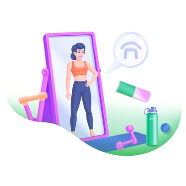 A modern pastel illustration depicting a person standing in front of a full-length mirror. The individual has a determined expression, reflecting a sense of accomplishment. The mirror reflects a confident image of the person, showcasing their toned physique and posture. Surrounding the person are workout accessories, including a set of dumbbells, a yoga mat, and a water bottle. The background features soft pastel colors, enhancing the motivational atmosphere of the scene.