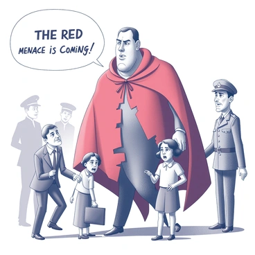 A political cartoon featuring exaggerated characters representing the Red Scare. The central figure is a large, imposing personification of "Communism" dressed in a tattered red cloak, looming over smaller figures. The smaller figures include a nervous businessman with a briefcase, a terrified family, and a soldier looking on with suspicion. Each character has exaggerated facial expressions that convey fear and anxiety. In the background, there are shadowy figures representing spies and informants, emphasizing the theme of paranoia. The cartoon includes a prominent speech bubble that reads "The Red Menace is Coming!"