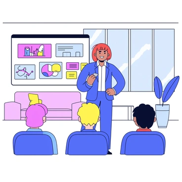 A confident woman standing at the front of a modern office. She is wearing a tailored blazer and holding a remote clicker in her right hand. Behind her is a large screen displaying a colorful presentation with graphs and images. The office has large windows that let in natural light, and contemporary furniture is arranged in the background. Her posture is straight, and she is making direct eye contact with an audience seated in front of her.