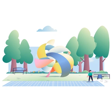 An art installation is prominently displayed in a city park, designed to represent the vibrations felt at an earthquake epicenter. The installation features large, abstract sculptures made of intertwined metal and glass, reflecting light in various directions. Surrounding the installation, a soft grass area is dotted with small, colorful flowers. In the background, tall trees provide shade, and park benches are placed nearby for visitors to sit and observe. On the ground, a pattern of wave-like lines is etched into the pavement, symbolizing seismic waves radiating outward. The sky above is clear with a few fluffy clouds, adding to the serene atmosphere of the park.