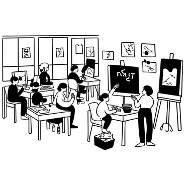 A spacious art classroom filled with various easels displaying unfinished paintings. Several students are sitting at wooden tables, actively sketching with pencils and paintbrushes in hand. One student is standing near a large canvas, applying bold strokes of black paint. Art supplies like tubes of paint, palettes, and jars of water are scattered across the tables. There are large windows allowing light to flood the room, illuminating the array of colorful artworks displayed on the walls and desks. The words "Art Class" are prominently displayed on a chalkboard at the front of the room.