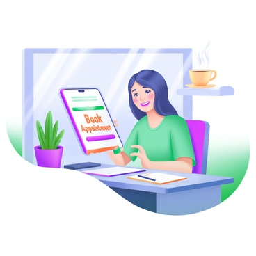 A person sitting at a bright, modern desk, smiling while holding a smartphone. The smartphone screen displays an app with the words "Book Appointment" in bold, inviting letters. Surrounding the person are various elements like a potted plant, a steaming cup of coffee, and a notebook with a pen. The person has medium-length hair and is wearing casual clothing. Sunlight streams in from a nearby window, casting soft shadows across the workspace.