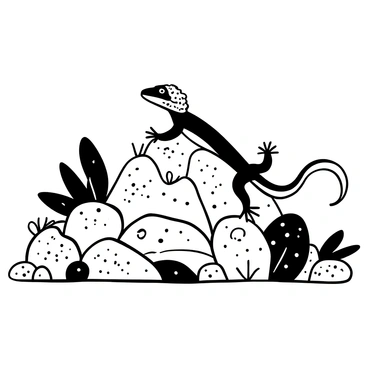 A crested gecko climbing over a textured, uneven rock surface. The rock garden features various shapes and sizes of rocks, scattered with tiny pebbles and fine sand. Some small plants are growing among the rocks, adding natural elements to the scene. The gecko's body is in motion, with its tail curled and its feet gripping the rocks as it explores its surroundings.
