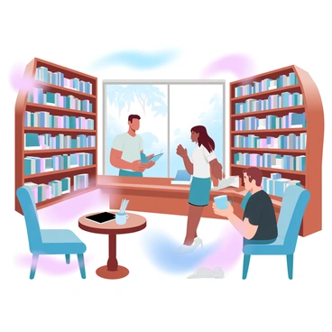 A cozy bookstore filled with wooden shelves tightly packed with books of various sizes and colors. Several customers are browsing the shelves, one is reaching for a book while another is standing nearby, flipping through a paperback. Small round tables are scattered throughout the space, each accompanied by comfortable chairs. At one table, a person is sipping coffee from a ceramic mug, while a laptop sits open in front of them. Warm, inviting lighting bathes the scene, creating a relaxed atmosphere. A large window showcases a view of trees outside, allowing soft natural light to filter into the bookstore.