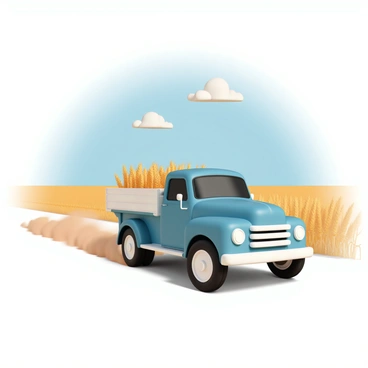 A blue truck, with a shiny exterior and a flatbed filled with freshly harvested crops, is driving along a narrow dirt road. The truck's tires throw up small clouds of dust as it moves. Surrounding the truck are expansive golden wheat fields, swaying gently in the breeze under the warm sunlight. Above, a clear blue sky stretches out with a few fluffy white clouds scattered throughout.