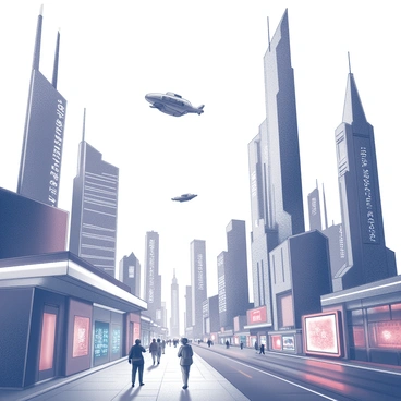 A wide view of a futuristic cityscape filled with towering buildings that feature intricate geometric designs and advanced technological features. The skyline is adorned with various structures, each uniquely shaped, showcasing elements such as sharp angles and smooth curves. Bright neon lights illuminate the scene, casting vivid reflections on the surfaces of glass and metal. The streets below are bustling with activity, with people walking and interacting with holographic displays. Above, a network of flying vehicles glides through the air, adding a dynamic aspect to the environment. The atmosphere conveys a sense of innovation and progress within this cyber world.