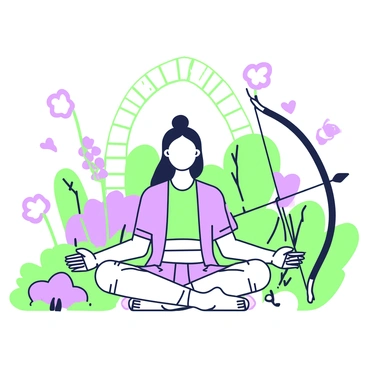 An archer meditating in a serene garden with their bow at rest