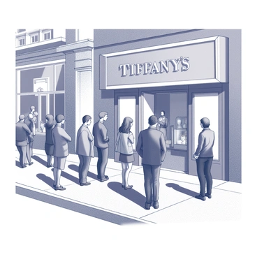 A group of several people is gathered outside a storefront with a large, elegant sign reading "Tiffany's." Each person is dressed in a variety of attire, showcasing different styles and fashions. The scene is illuminated by the morning sun, which casts long shadows on the pavement, creating distinct shapes extending from the individuals and the building. In the background, there are ornate architectural details of the store, enhancing the luxurious atmosphere of the location. The sidewalk appears busy with the presence of customers and passersby engaging in conversation or admiring the window displays.