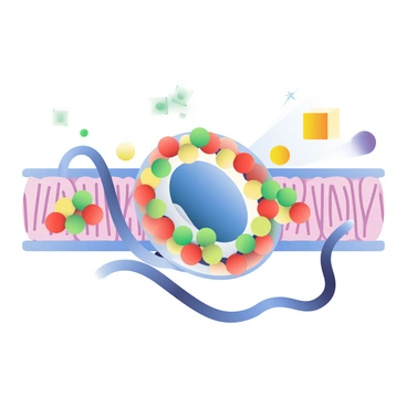 A detailed illustration shows a protein carrier embedded in a cell membrane. The protein carrier is a large, complex structure with a central channel, depicted in a vibrant blue color. Molecules, represented by various shapes and colors, are positioned on either side of the membrane. Small, spherical molecules in green and red are approaching the channel, while larger, cubic molecules in yellow and purple are in the process of being transported through the protein carrier. The cell membrane is illustrated with a textured, semi-transparent appearance, highlighting its lipid bilayer structure. The scene conveys a dynamic interaction between the protein carrier and the molecules it transports across the membrane.