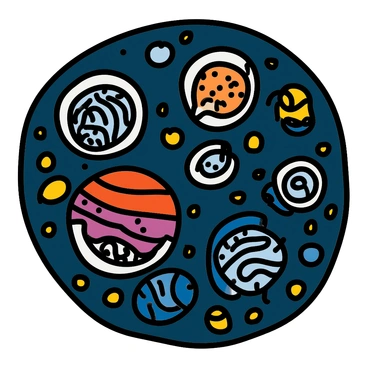 A cosmic scene featuring multiple planets of varying sizes and shapes surrounded by numerous stars scattered across the expanse. Swirling ink patterns and lines intertwine among the planets, creating a dynamic sense of movement and depth in the vastness of space.