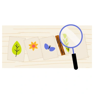 A collection of artistic stamps arranged neatly on a light wooden surface. Each stamp features a unique design inspired by nature, including a vibrant green leaf, a bright orange flower, a delicate blue butterfly, and a detailed brown tree trunk. The edges of the stamps are perforated, and they are of various sizes, creating a visually interesting display. A small magnifying glass is positioned next to the stamps, highlighting the intricate details of the nature-inspired designs.
