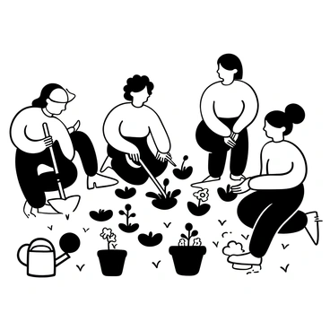 A group of diverse neighbors crouched together in a community garden, each holding gardening tools. One neighbor is digging a small hole in the soil, while another is planting vibrant flowers in it. A third neighbor is carefully arranging vegetable seedlings in neat rows nearby. Gardening gloves and a watering can are placed on the ground, surrounded by freshly turned soil and flower pots. The atmosphere shows collaboration with hands working together and plants being nurtured in the earth.