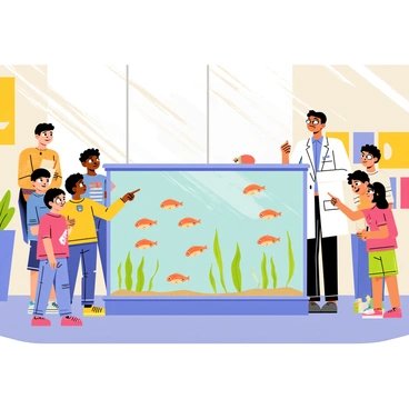 A biology classroom with bright, colorful posters on the walls about marine life. In the center of the room, a large rectangular aquarium filled with clear water and small, lively minnows swimming around. Students, a diverse group of boys and girls, are gathered around the tank, some holding notepads and pencils, and others pointing excitedly at the fish. A teacher, wearing glasses and a lab coat, stands nearby explaining the characteristics of the minnows. Sunlight streams through a window, illuminating the tank and creating shimmering reflections on the students' faces.