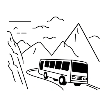 A bus with large windows and a streamlined shape is driving along a winding road. The road curves sharply, flanked by steep cliffs on one side and a rocky mountain face on the other. The bus is shown in motion, with its wheels slightly elevated as it navigates the turn. Towering mountains rise in the background, their peaks jagged and textured. Clouds are scattered throughout the sky above, creating a dynamic atmosphere. The scene captures the rugged terrain and the challenges of the mountain pass.
