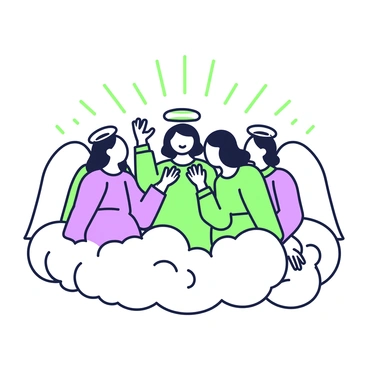 A group of angels is gathered together in the clouds. Each angel has a serene expression and is dressed in flowing robes. They are singing harmoniously, with their mouths open and hands raised slightly as if in mid-performance. The clouds are fluffy and billowy, surrounding the angels in a soft and ethereal way. The scene is illuminated by rays of light that emanate from the center, creating a gentle glow around the angels. Some of the rays intertwine with the clouds, enhancing the tranquil atmosphere of the gathering.