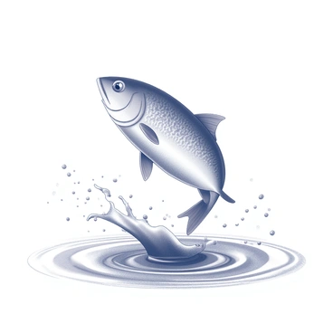 A fish is breaking the surface of the water, creating a splash as it leaps out. The water around the fish shows distinct ripples radiating outward from the point of impact. The fish has a streamlined body, its scales glistening in the light, and its fins are spread wide as it jumps. The surrounding water is disturbed, with small waves and circular patterns visible, emphasizing the movement and energy of the scene.