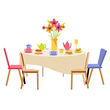 A whimsical tea party setting with a round table covered in a pastel-colored tablecloth. The table is adorned with an array of teacups and teapots in various vibrant colors. Gladiolus flowers in shades of pink, orange, and yellow are arranged in a tall vase at the center of the table, adding a lively touch. Surrounding the table are mismatched chairs, each uniquely designed. There are plates of colorful pastries and sandwiches placed around the table, inviting guests to enjoy the feast. Soft, sunny lighting enhances the cheerful atmosphere of the scene.