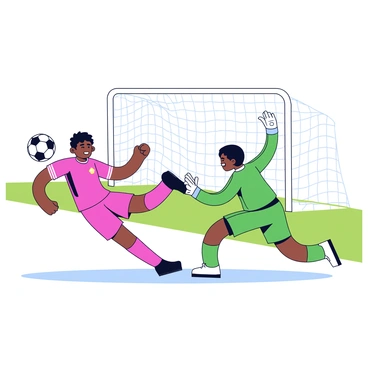 A soccer player in a bright red uniform is executing a powerful kick towards the goal. The player has short black hair and a determined expression on their face. The ball is mid-air, heading towards the net. In the foreground, the goalkeeper, dressed in a green uniform, is diving to the right, stretching out their arms in an attempt to block the ball. The background features a grassy soccer field with white goalposts and a cheering crowd.