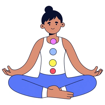 A yoga practitioner seated in a lotus position. The practitioner has a serene expression and is wearing comfortable yoga attire. The body is depicted with chakra symbols represented as colorful circles aligned along the spine. Each chakra symbol has its own distinct color, starting from red at the base and moving up to violet at the crown. The background features simple, unobtrusive elements to keep the focus on the practitioner and the chakra symbols.