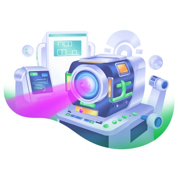 A futuristic setting featuring a high-tech laser device emitting a distinct beam of "neutrons." The laser device is sleek and metallic, with glowing panels and intricate circuitry visible. The beam of neutrons is vibrant and pulsating, casting a bright light in shades of blue and purple. Surrounding the device are scientific instruments, such as a digital display showing readings and a control console with buttons and screens. The background is filled with machinery and futuristic designs, emphasizing the advanced technology of the scene.