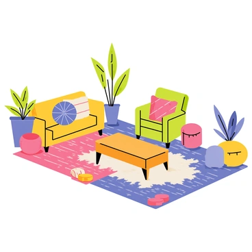 A lounge area featuring a variety of rugs in different patterns and colors, creating an eclectic atmosphere. There are cushions of various shapes and designs scattered around, adding comfort and style. The furniture includes a low wooden coffee table and mismatched seating options like a vintage armchair and a pouf. Potted plants in the corners contribute to the vibrant and cozy ambiance of the space.