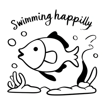 A fish with exaggerated features and rounded shapes swimming through water. The fish has large fins and a streamlined body. Bubbles are rising around it, and there are wavy lines indicating movement. Plants with broad leaves are visible in the background. "Swimming happily" is displayed in a playful font above the fish.