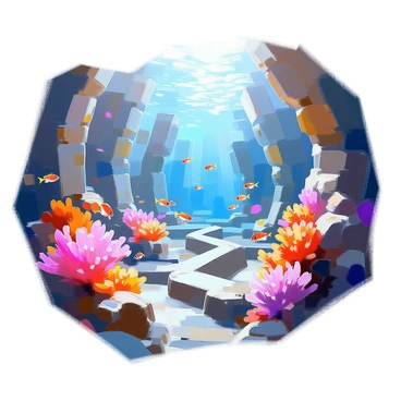 An underwater maze with walls made of vibrant coral formations creates a captivating scene. The maze features intricate pathways that twist and turn, surrounded by an array of colorful coral species, including bright pinks, oranges, and blues. Schools of small, colorful fish swim gracefully through the maze, their scales shimmering in the light. Sunlight filters down from the surface, casting playful shadows and illuminating the underwater landscape. The deep blue water adds depth to the scene, enhancing the rich colors of the coral and the vibrant movement of the fish.