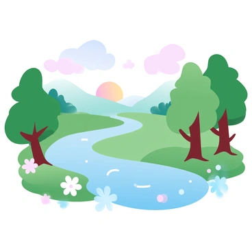 A flowing river made entirely of cash bills winds through a lush, green landscape. The river is surrounded by vibrant trees with thick trunks and a variety of colorful flowers lining the banks. In the distance, rolling hills rise gently against the sky, which is a gradient of pastel colors transitioning from soft pink to light blue. The sun sets on the horizon, casting a warm glow over the scene, while a few fluffy clouds drift lazily above.