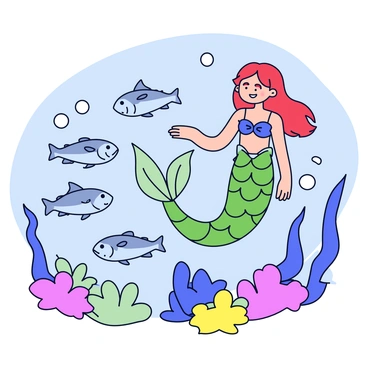 A mermaid with flowing red hair is swimming gracefully near the ocean floor. She has shimmering green scales on her tail that catch the light. Surrounding her is a curious school of small silver mackerel, darting around playfully. The mackerel have streamlined bodies and glimmering scales. The scene is filled with colorful coral reefs and small bubbles rising from the ocean depths. The mermaid reaches out with her hand, smiling at the fish as they swim close to her.