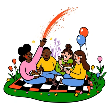 A group of friends sitting on a checkered picnic blanket in a vibrant meadow covered in colorful powders from Holi. The meadow is filled with bright flowers and lush green grass. One friend is tossing bright orange powder into the air, creating a swirling cloud of color. Another friend, with dark skin and curly hair, is laughing and holding a plate of traditional snacks. A light-skinned woman with big eyes and long brown hair is playfully smearing purple powder on a friend beside her. They are surrounded by colorful water balloons and laughter, embodying the spirit of celebration and friendship.