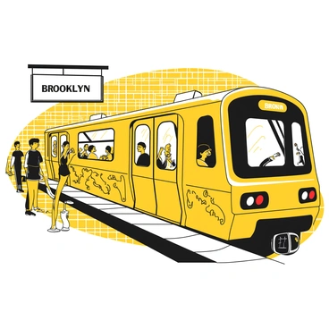 A subway train with a sleek design is parked at a Brooklyn station. The train is covered in intricate graffiti art showcasing various patterns and designs. The station features tiled walls and metal railings, with people waiting on the platform. Some individuals are looking at the train, while others are engrossed in their phones. A large sign displaying the station's name is visible above the platform. The scene captures the urban atmosphere of the subway station.