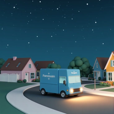A parcel truck, painted in bright blue with white lettering, is driving along a winding suburban street. The truck is slightly illuminated by its headlights, casting a warm glow on the asphalt. In the background, several quiet suburban homes, featuring neatly trimmed lawns and colorful flower beds, line the street. The sky above is filled with numerous twinkling stars, creating a beautiful celestial backdrop. The scene exudes a peaceful nighttime atmosphere, with the truck moving steadily through the serene neighborhood.