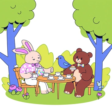 A group of animals is gathered around a small wooden table in a lush green forest. A rabbit with large floppy ears is pouring tea from a floral-patterned teapot into delicate cups. Next to the rabbit, a bear is sitting on a stool, wearing a colorful bow tie and happily munching on a slice of cake. A bright bluebird is perched on the table, chirping as it enjoys a berry. The surrounding trees have thick, leafy branches, and soft sunlight filters through, creating a cheerful atmosphere. On the ground, colorful flowers and patches of grass add to the vibrant scene.