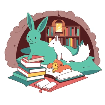 A teal rabbit with large ears sits next to a white fox with a fluffy tail. In front of them, a small orange owl perches on a stack of colorful books, while a yellow squirrel holds a tiny book in its paws, reading intently. The den is filled with soft cushions and a warm glow from a lantern hanging above. The walls are lined with shelves filled with more books, creating a cozy and inviting atmosphere where the animals engage in animated conversation about their favorite stories.