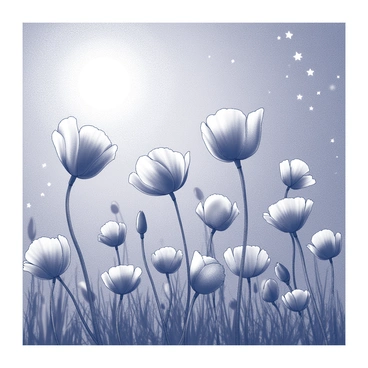A field of poppies swaying gently in the night breeze. The poppies are fully bloomed, their petals open wide. A soft moonlight casts delicate shadows across the flowers, highlighting their intricate details. The night sky is filled with stars scattered throughout, creating a tranquil atmosphere.