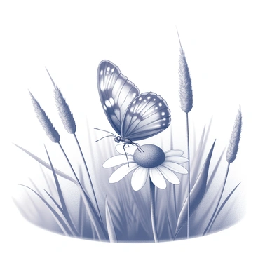 A delicate butterfly with intricate wing patterns is resting gently on a flower in a sunlit meadow. The butterfly's wings are partially open, showcasing the details of its design. The flower has a round, textured center with several petals extending outward, displaying a larger structure. The meadow is filled with various tall grasses swaying lightly in the breeze, adding depth to the scene. The sunlight filters through the foliage, casting gentle shadows and creating a warm ambiance.