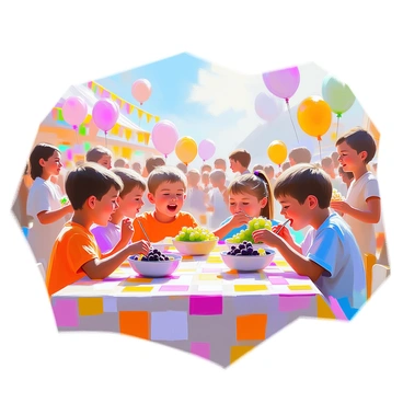 A lively scene depicting a group of children engaged in a grape eating contest at a fair. There are four children, two boys and two girls, sitting at a long table covered with a colorful checkered tablecloth. Each child has a bowl of shiny green and purple grapes in front of them. The boys are wearing bright t-shirts, while the girls are dressed in playful summer dresses. Their faces are filled with excitement and determination as they compete. In the background, fairgoers are watching and cheering, some holding cotton candy and popcorn. Balloons and colorful banners are visible, contributing to the festive atmosphere. The sun is shining, casting light on the lively scene.