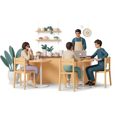 A cozy cafe interior with warm lighting and wooden furniture. Several people are seated at small tables, engaged in conversations while enjoying their coffee and pastries. A woman, wearing a beige sweater, is smiling as she sips from a white mug. Another man, in a navy blue shirt, is browsing on his laptop, with a cinnamon roll on a plate beside him. A barista, wearing an apron, is serving a customer at the counter, which is adorned with an assortment of pastries. Soft greenery is present in the form of potted plants, enhancing the inviting atmosphere.