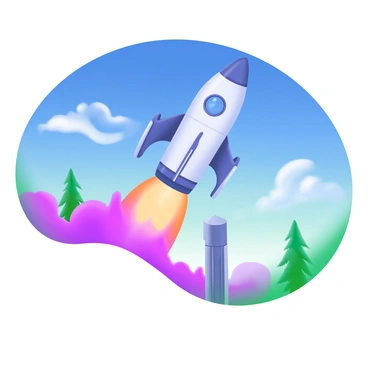 A scene depicting a "rocket" ascending into the sky, its "hydrogen-powered engines" emitting bright, fiery plumes of flame and smoke. The rocket’s sleek, metallic body is detailed with fins and decals. Surrounding the rocket, the sky transitions from a deep blue at the zenith to lighter hues near the horizon. Wisps of clouds drift by, and the ground below features trees and a launch pad, emphasizing the height of the launch.
