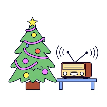A cozy holiday scene featuring a decorated Christmas tree with colorful lights and ornaments. The tree is adorned with tinsel and a shining star on top. Nearby, a vintage radio with a wooden finish is emitting sound waves to represent festive music. The radio has knobs and dials, and is placed on a small table. Soft shadows are cast by the warm glow of the tree lights, enhancing the inviting atmosphere of the setting.