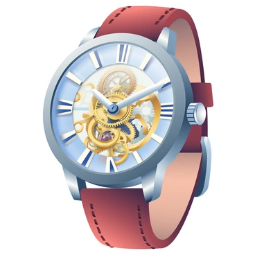 A close-up view of a luxury wristwatch is displayed prominently. The watch has a polished silver case that shines under the light. The face of the watch features elegant Roman numerals and intricate clockwork mechanisms that are clearly visible through a transparent back. The gears are made of gold and brass, showcasing fine craftsmanship and detail. A rich brown leather strap curves elegantly around the wrist, with visible stitching that adds to its luxury. The clasp of the watch is also made of silver, matching the case, and sits flush against the wrist.