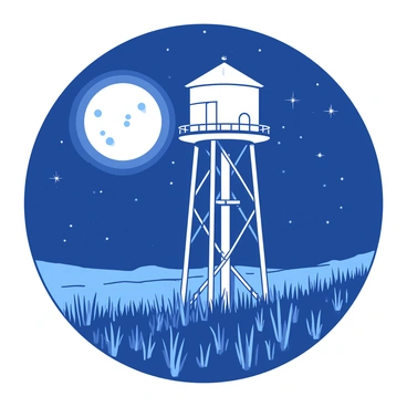 A tall, white water tower stands prominently against a night sky filled with twinkling stars. The full moon casts a soft glow, illuminating the tower and creating subtle shadows on the ground. Below the tower, there is a field of tall grass swaying gently in the night breeze. The moonlight reflects off the surrounding landscape, adding a serene atmosphere to the scene.