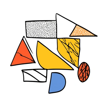 An illustration featuring a collection of geometric shapes such as triangles, circles, and rectangles. The shapes are filled with various hatching patterns, including diagonal lines, cross-hatching, and stippling. The background consists of a simple light color to enhance the contrast of the shapes. The arrangement of the geometric figures creates a visually engaging composition, with some shapes overlapping and others placed distinctly apart. The overall design focuses on the interplay between the patterns and the forms, emphasizing the intricate details of the hatching technique.