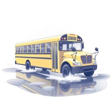A yellow school bus is driving on a wet road, splashing through large puddles. The bus is depicted in motion, with water spraying up from the tires as it passes through the puddles. Raindrops are visible on the windows of the bus, creating a distorted view of the outside. The scene captures a gray, overcast sky, indicating a rainy day. The ground is shiny and reflective due to the rainfall, enhancing the overall atmosphere of the setting.