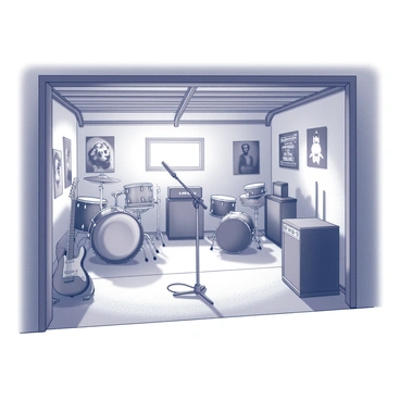 A garage with an open layout, featuring various musical instruments scattered throughout the space. There are a set of drums positioned in one corner, alongside an electric guitar resting on a stand. A microphone is mounted on a stand in front of a small stage area. Amplifiers are placed strategically around the garage, and cables are seen connecting the equipment. The walls are adorned with posters of famous bands, adding to the atmosphere of the practice space. Sunlight filters in through a small window, illuminating the instruments and creating a lively environment for music.